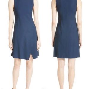 Sleeveless Fitted Dress in Good Wool with Slit, Blue, Size 0